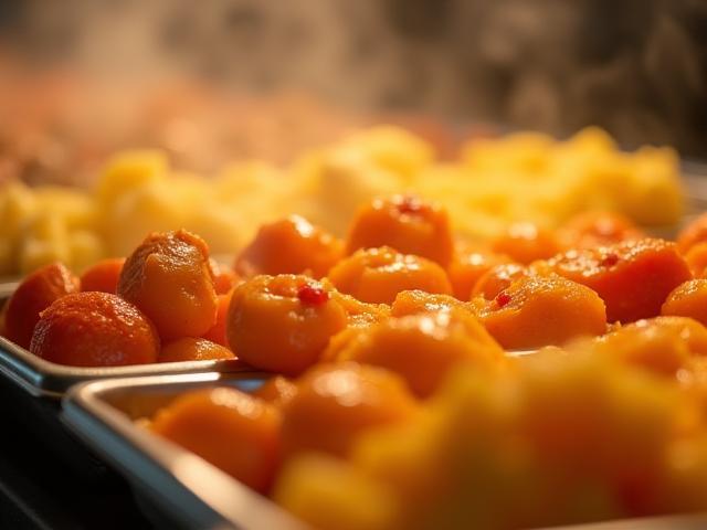 Close-up of delicious buffet food, highlighting textures and presentation