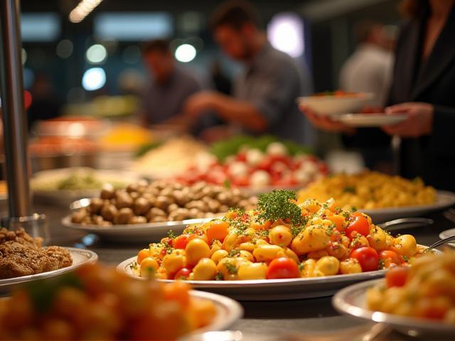 Food display at a corporate event with professional signage and presentation