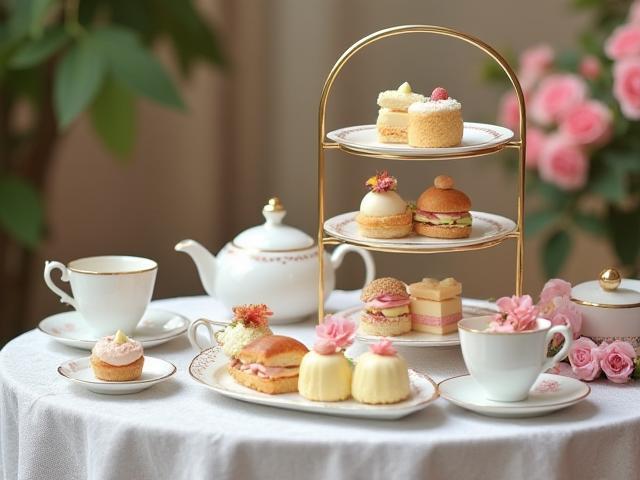 Charming high tea setting with tiered stands of sandwiches and cakes, teacups