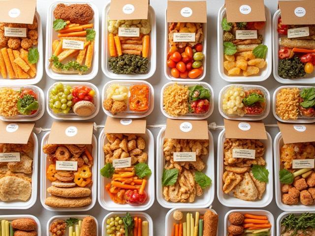 Variety of packed meals displayed neatly, showing different menu options