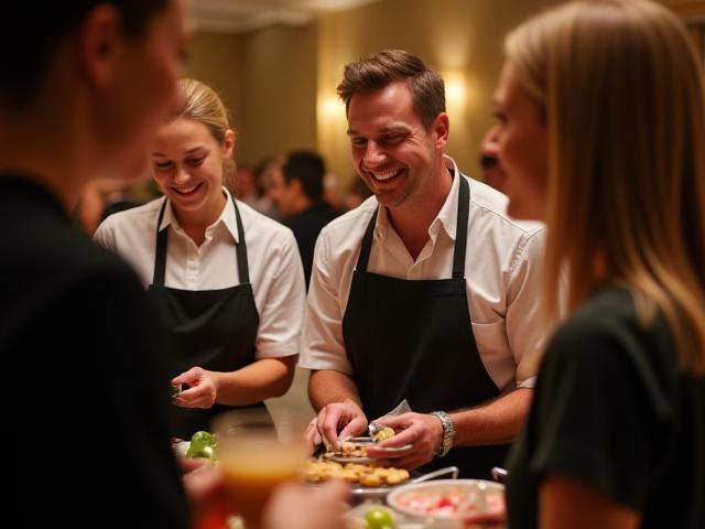 Smiling catering staff serving guests at an event