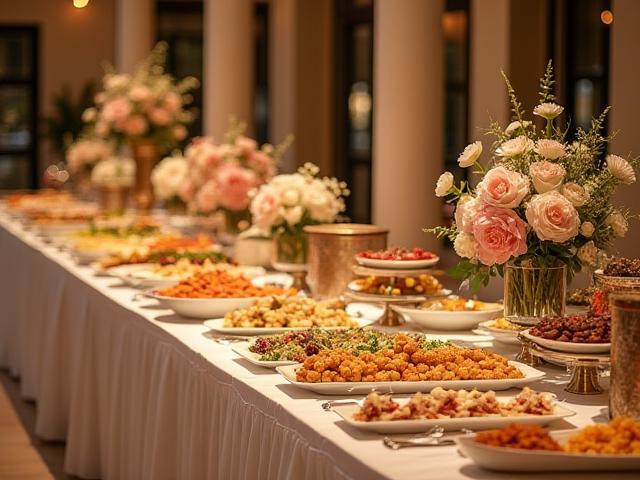 Elegant wedding buffet setup with floral decorations and a wide array of dishes