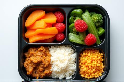 Sample corporate lunch box layout showing rice, main dish, vegetables, and fruit