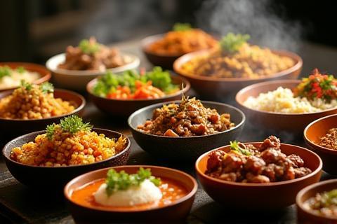 Sample spread of authentic Malay buffet dishes like Rendang, Satay, and Nasi Lemak