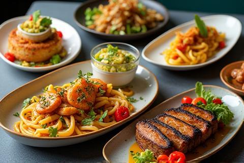 Sample Western and fusion dishes including pasta, grilled meats, and creative appetizers