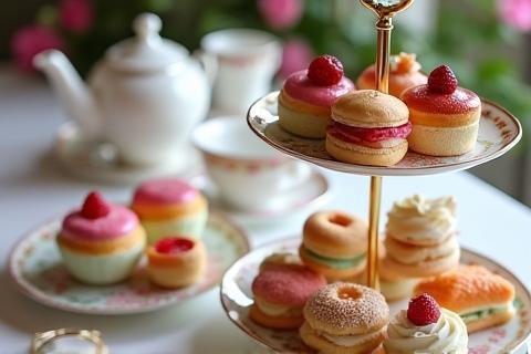 Assortment of high tea pastries, sandwiches, and cakes on display