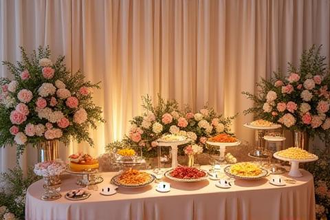 Beautifully decorated wedding buffet setup with floral arrangements